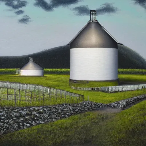 Prompt: exterior view of modern futuristic farm barn architecture, silo, feed troughs, cows, pigs, chickens, detailed luminescent oil painting 4 k