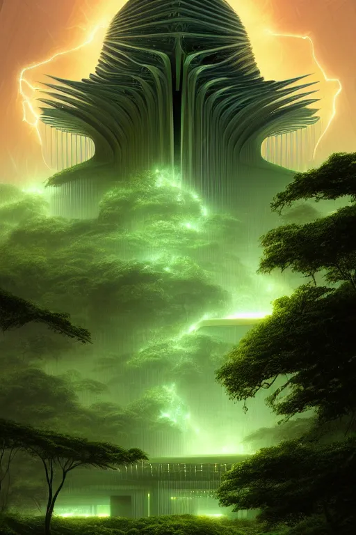 Prompt: a stormy tropical forest with green lightning bugs flying around a ancient futuristic temple designed by zaha hadid, tone mapped, shiny, intricate, cinematic lighting, highly detailed, digital painting, artstation, concept art, smooth, sharp focus, illustration, art by arthur haas and bruce pennington and john schoenherr