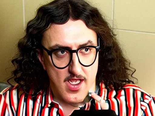 Prompt: weird al sentimentally looking at a spoon on a table