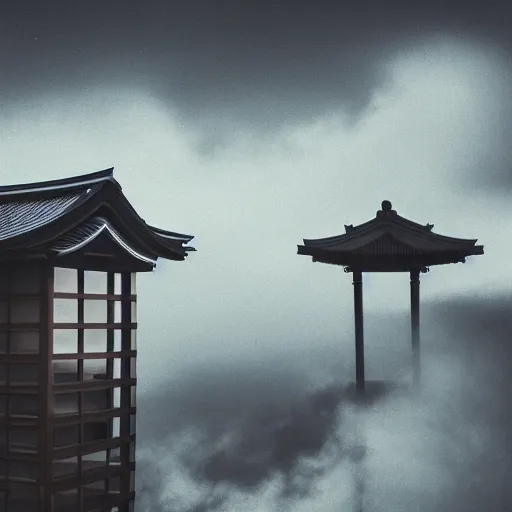 Image similar to Japanese architecture, ominous Sky, gloomy atmosphere, cinematic, mist, High definition, 8k, ultra detailed