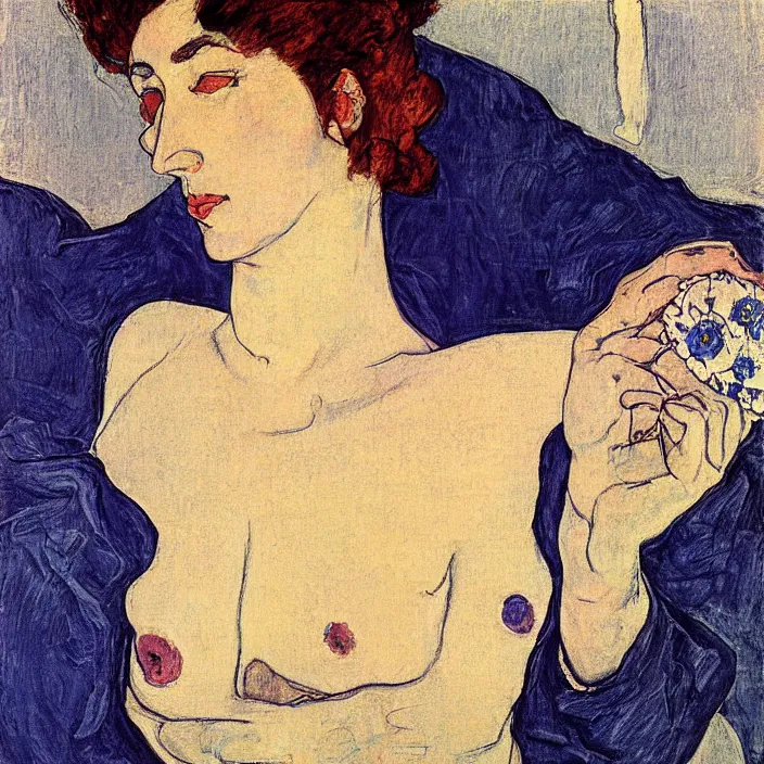 Prompt: portrait of a woman with iris. indigo blue. henri de toulouse - lautrec, egon schiele