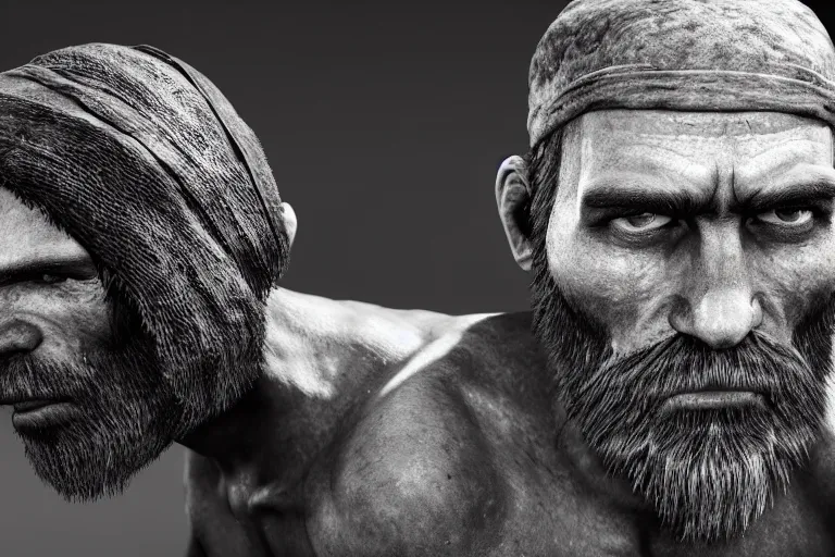 Prompt: still photo of stone age man looking at the camera in a battlefield, black and white color aesthetic, highly detailed, photorealistic portrait, bright studio setting, studio lighting, crisp quality and light reflections, unreal engine 5 quality render