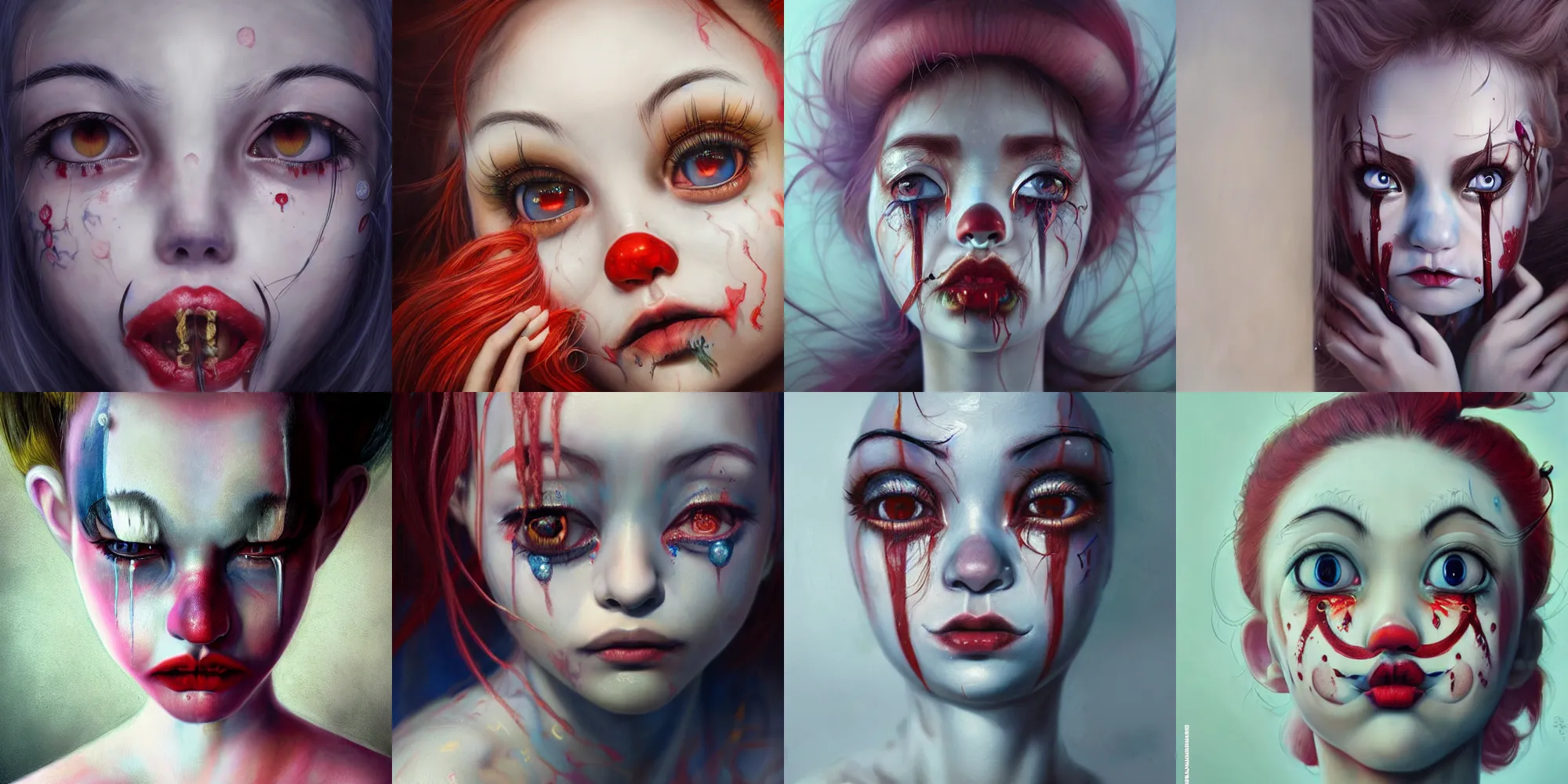 Prompt: breathtaking detailed painting of clown girl crying, piercing eyes, james jean, miho hirano, extremely moody lighting, hyperrealistic, octane render, rpg portrait, ambient light, dynamic lighting