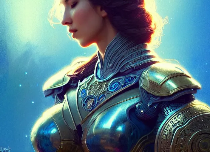 Prompt: beautiful woman in armour, passionate pose, intricate, elegant, blue glow, sharp focus, soft bokeh, illustration, highly detailed, concept art, matte, trending on artstation, bright colors, 3 d 8 k, art by wlop and artgerm and greg rutkowski, mucha, ross tran, marvel comics, beksinski