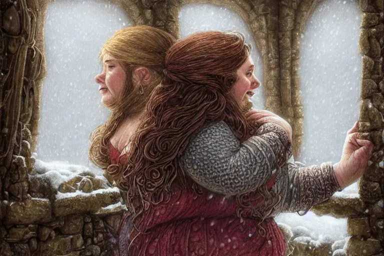 Prompt: A hearty chubby nice dwarven woman at her home looking through the window at a snowstorm outside, highly detailed complex braided hair, realistic, beautiful, fantasy art, dungeons and dragons, lord of the rings, in the style of rebecca guay and thomas kinkade, illustration, very cozy, fantasy, intricate, hyper detailed, artstation, concept art, smooth, sharp focus, ray tracing, vibrant