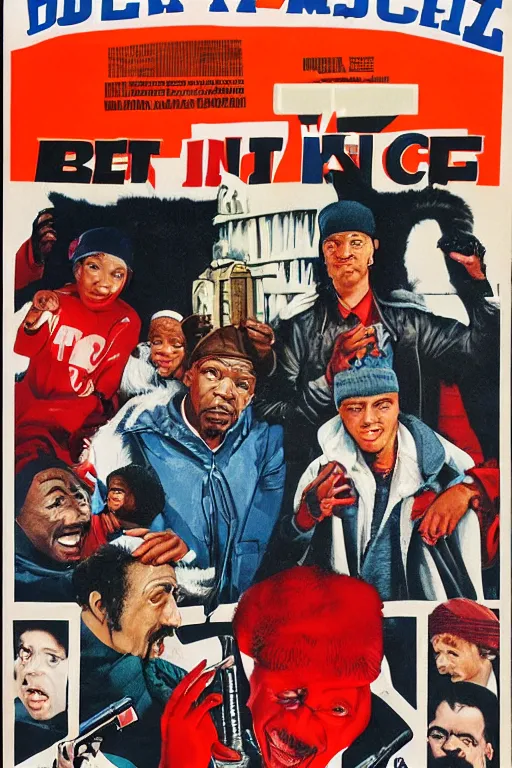 Prompt: poster the movie 1 9 8 8 ussr don't be a menace to south central while drinking your juice in the hood, perfect symmetrical eye, soviet russian winter fur cap with earflaps ushankas vodkra kremlin babushka communist