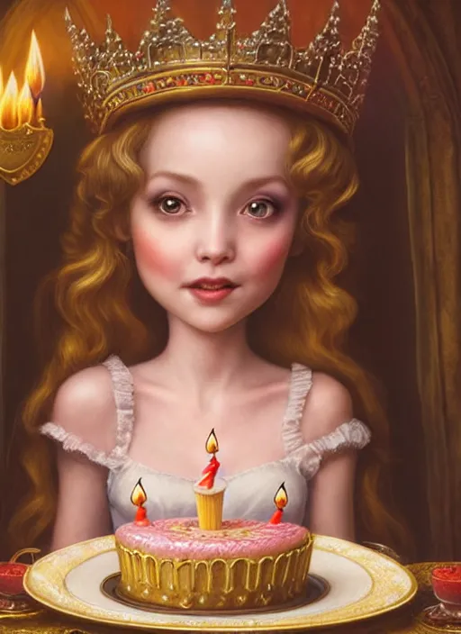 Image similar to highly detailed closeup portrait of a grinning fairytale medieval princess eating birthday cake, unreal engine, nicoletta ceccoli, mark ryden, lostfish, earl norem, global illumination, god rays, detailed and intricate environment