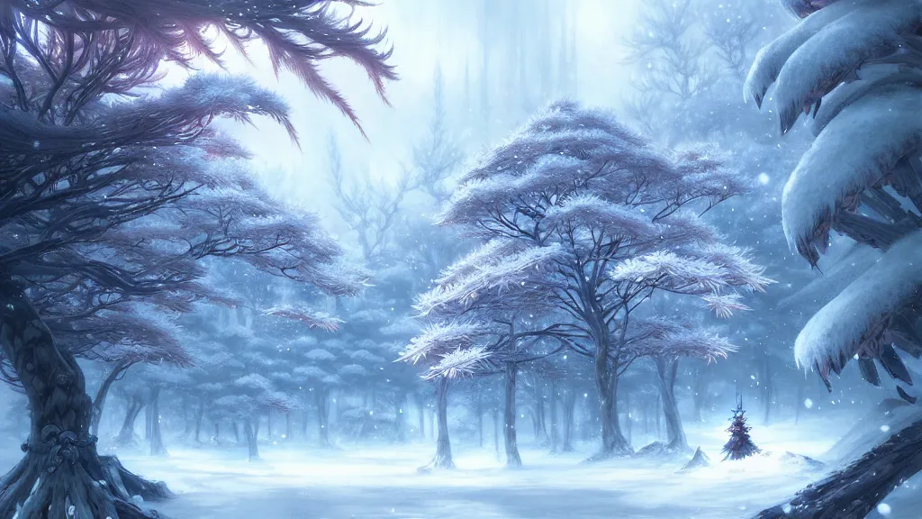 Image similar to anime forest winter landscape, intricate details, fantasy, elegant, highly detailed, digital painting, artstation, concept art, smooth, sharp focus, illustration, wide angle, artbook, splash art, promo art, soul calibur, league of legends, art by artgerm and greg rutkowski and bo chen and jin xiaodi