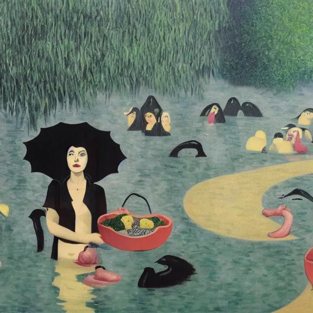 Image similar to painting of flood waters inside an apartment, tall female emo art student, a river flooding indoors, pomegranates, pigs, ikebana, water, river, rapids, waterfall, black swans, canoe, berries dripping, acrylic on canvas, surrealist, by magritte and monet