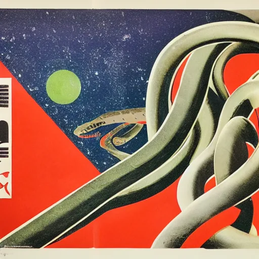 Image similar to soviet propaganda poster featuring a snake tangled on planet earth, view from space