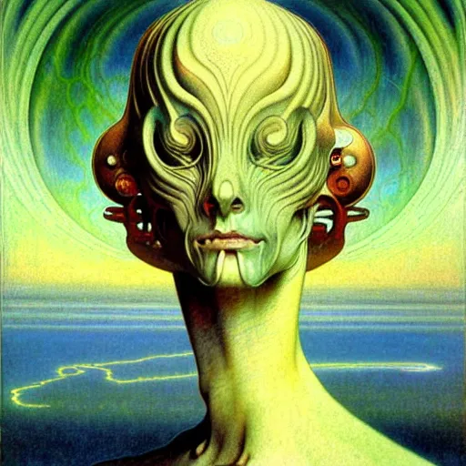 Prompt: realistic extremely detailed portrait painting of a blurry bizarre ghost, futuristic sci-fi landscape on background by Jean Delville, Amano, Yves Tanguy, Alphonse Mucha, Ernst Haeckel, Edward Robert Hughes, Roger Dean, rich moody colours, blue eyes