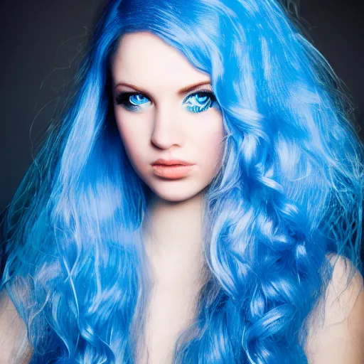 Prompt: portrait of a beautiful girl, blue hair, blue eyes, perfect face, studio portrait