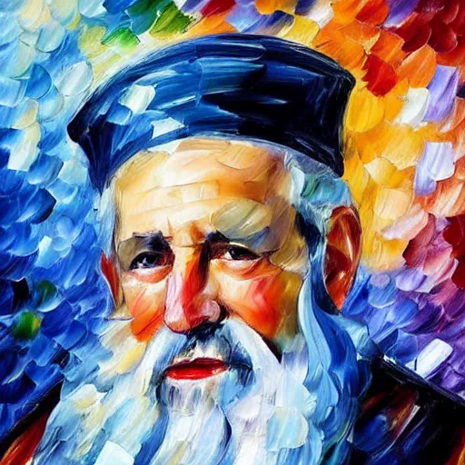 Image similar to portrait of a very very old, olive skinned king witha very long white beard and blue crown by leonid afremov