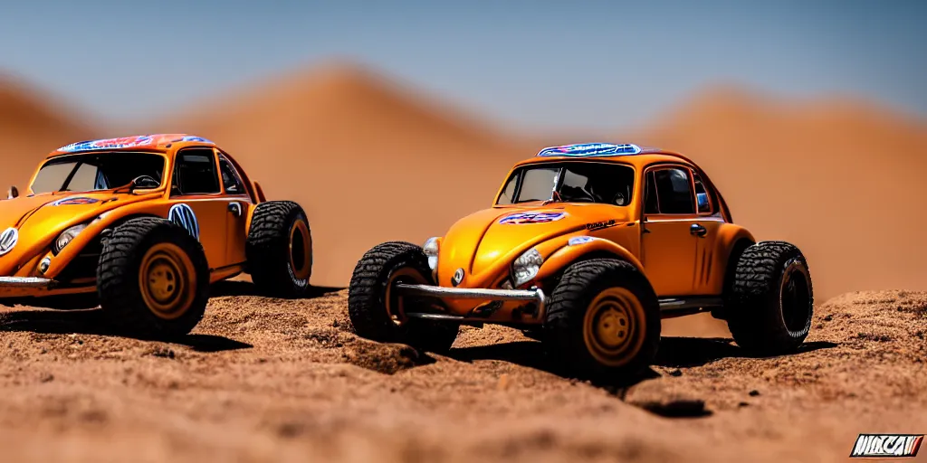 Prompt: Hot Wheels, VW BAJA BUG, cinematic, Maxxis, 8k, depth of field, mexican desert, bokeh, DAKAR.