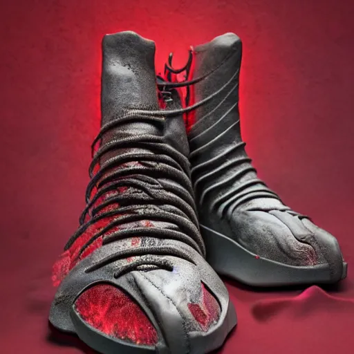 Image similar to horned HR giger esque Yeezy shoe design inspired by the red depths and torture of Hell and Satan, product photography, sneaker photo, studio lighting, professional photoshoot