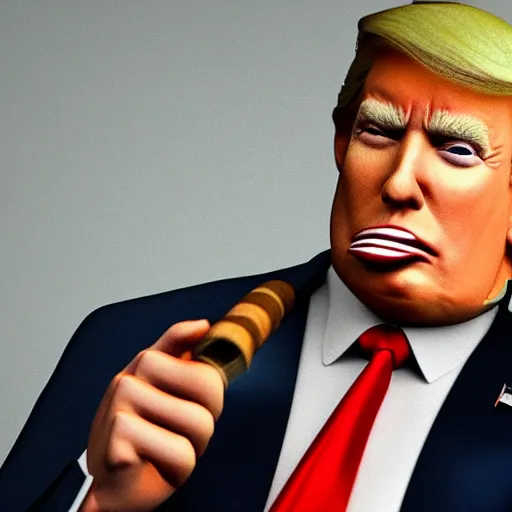 Image similar to a high quality photo of donald trump smoking a cigar, anatomically accurate eyes, 3d scene, render, ultra realistic, artstation, cgsociety