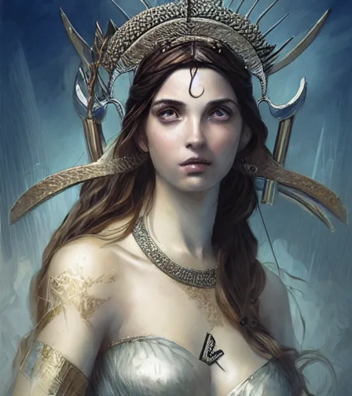 Image similar to aphrodite goddess wearing an arrow on her head, digital illustration, in the style of greg rutkowski, fantasy, amazing detail, epic, intricate, elegant, smooth, sharp focus