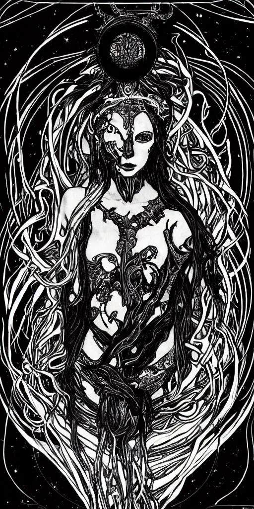 Image similar to intense glowing pagan black metal god with horns and tentacles and intense glowing eyes and a bloody skull in very dark cosmic space by h r giger and alphonse mucha and karol bak, portrait, fantasy, clear, light beams, lens flare, intense, uhd, amazing depth, cinematic lighting, red and black and white