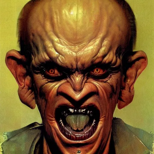 Prompt: upper body portrait of a demonic man with fish eyes, by norman rockwell and boris vallejo, artstation, concept creature character art