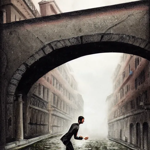 Image similar to italian tall young man with short curly hair and beard, running under a bridge of stone while it rains heavily, romantic view, extremely detailed, digital painting, trending on deviantart