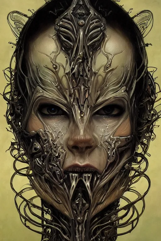 Image similar to Elden Ring and Doom themed painting of majestic chromatic biomechanical anatomical elven female hybrid beautiful ethereal angel symmetrical neutral mask closeup face tattoo pattern golden ratio concept, Neo-Gothic concept, infinity glyph waves, intricate artwork masterpiece, very coherent artwork, cinematic, full frontal facial features by Artgerm, art by H.R. Giger, Joseph Michael Linsner, Zdizslaw Beksinski, Johnatan Wayshak, Moebius, Ayami Kojima, very anatomically coherent artwork, trending on cgsociety, ultra high quality model, production quality cinema model, high detail chromatic ink outline, octane render, unreal engine 8k, hyper realism, high detail, octane render, unreal engine, 8k, High contrast