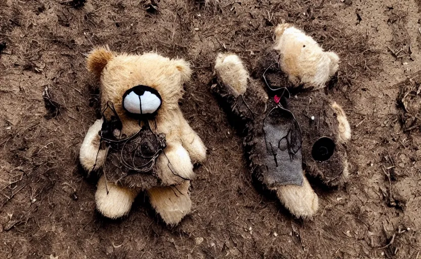 Image similar to laying teddy bear, dirty fur, robotic, sad eyes, hole in fabric, wires coming out, circuit, electricity, mud, outdoor, dirt, realistic photography