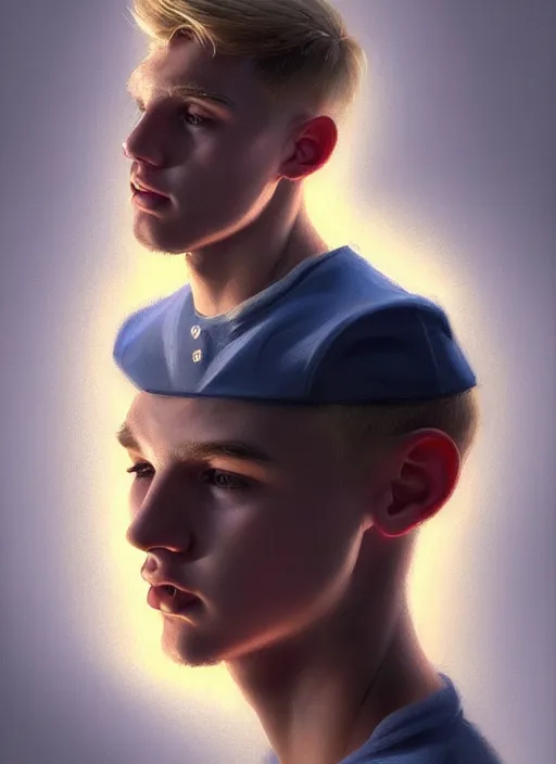 Image similar to portrait of a teenage boy named moose mason, blonde short hair, jock, beefy, square jaw, square facial structure, 1 9 5 0 s, intricate, elegant, glowing lights, highly detailed, digital painting, artstation, concept art, smooth, sharp focus, illustration, art by wlop, mars ravelo and greg rutkowski
