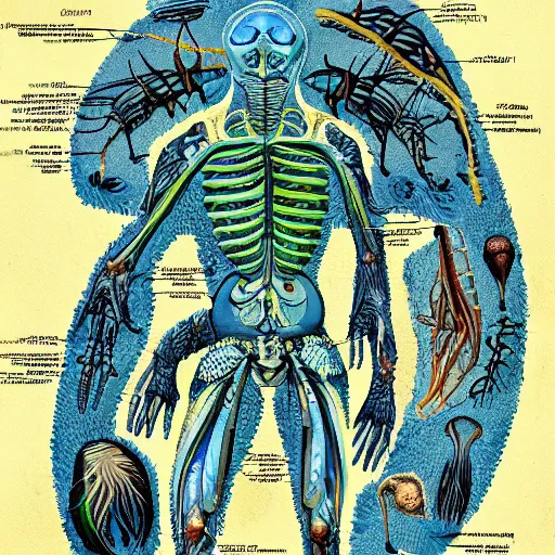 Prompt: anatomical diagram of alien fauna, xenobiology, annotated