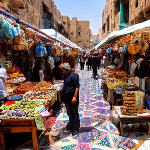 Prompt: an open air market in Egypt, vendors are selling wares, ancient relics, and mysterious trinkets