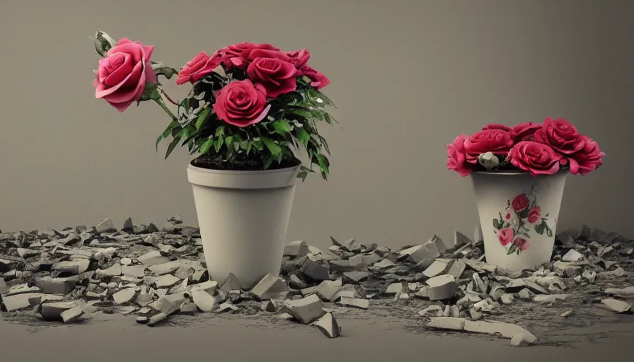 Prompt: flower pot with a rose in a middle of debris, hyperdetailed, artstation, cgsociety, 8 k