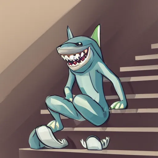 Prompt: female anthropomorphic shark fursona, athletic, sitting on concrete stairs, wearing a tank top and cargo pants, looking forward, realistic painting, furry art, trending on art station, pointing forward