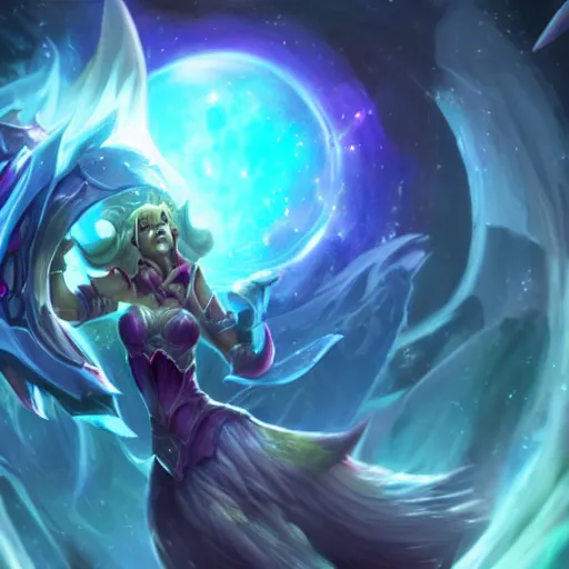 Image similar to league of legends, kai'sa looking at a galaxy in a crystal ball, realistic