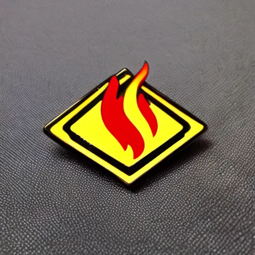 Prompt: a diamond enamel pin depicting a retro minimalistic clean fire flames warning label, smooth curves