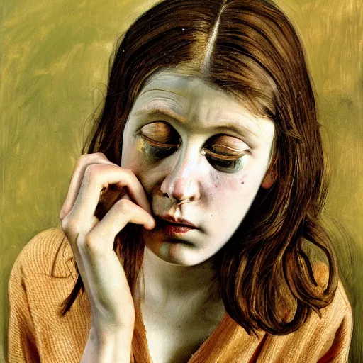 Image similar to high quality high detail painting by lucian freud, hd, portrait of a weeping goth girl, photorealistic lighting