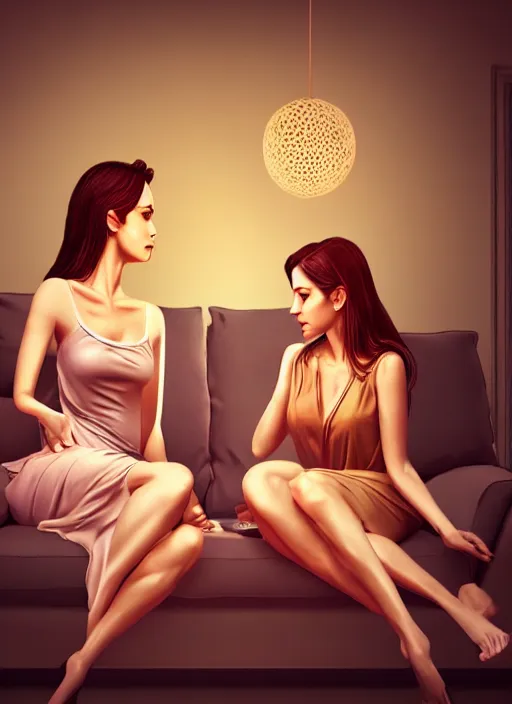 Prompt: two beautiful housewives in the living room on a hot summer evening, gorgeous faces, thick lines, cinematic lighting, detailed photorealistic digital art