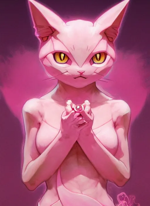 Image similar to pink pokemon cat sad - increasing physical mental perfection, symmetrical! intricate, highly detailed, biblical divine holy perfection!! digital painting, artstation, concept art, smooth, sharp focus, illustration, art by artgerm and greg rutkowski and alphonse mucha