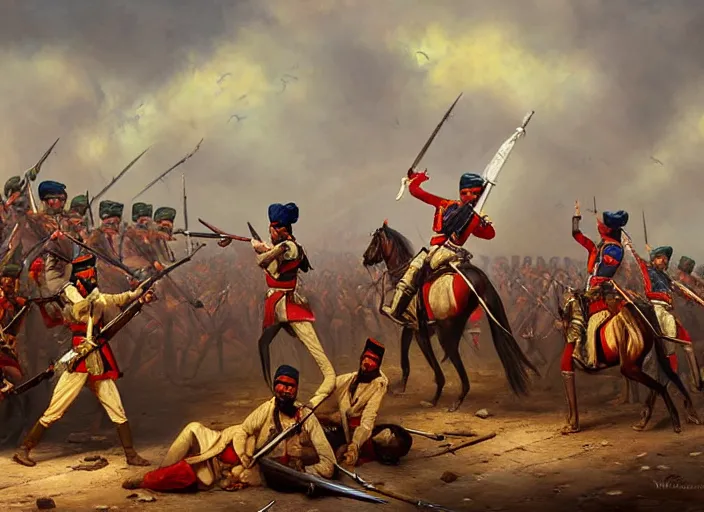 Prompt: cawnpore battle scene sepoy mutiny 1 8 5 7, indian rebellion against british east india company, highly detailed realistic vibrant colors oil painting by artgerm and wlop, trending on artstation, but as a real life photo