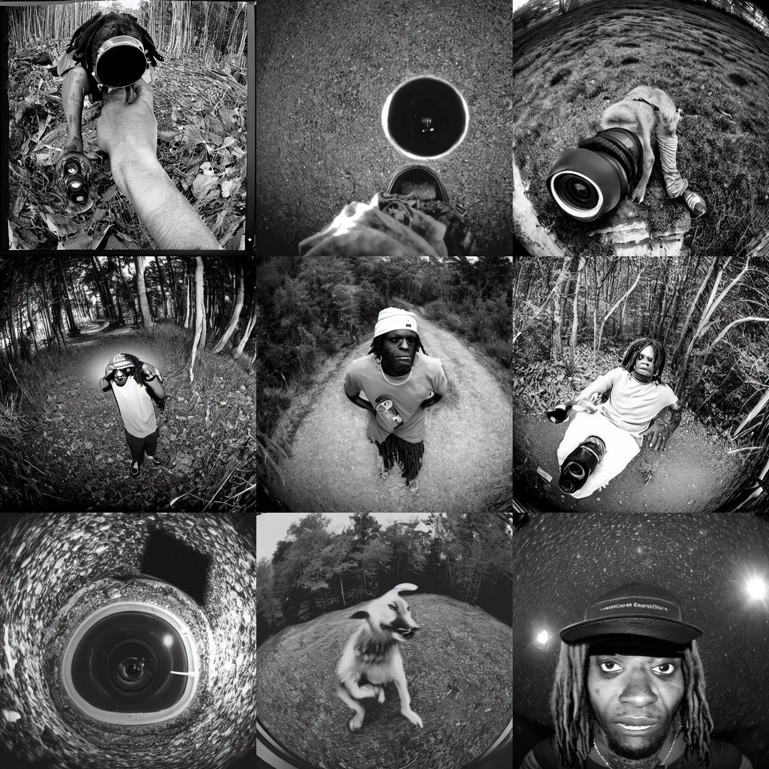 Prompt: trailcam image of drunk Chief Keef, view from above, black and white, nightshot, fish eye lens, grainy