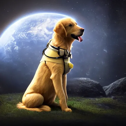 Image similar to a golden retriever in a space suit, masterpiece, highly detailed, high quality, 4 k, anatomically correct, hyperrealistic, concept art, octane render, unreal engine 5, trending on artstation, trending on deviantart, matte, historical painting, fantasy style, path traced, high coherence, soft lighting, digital painting, mythical