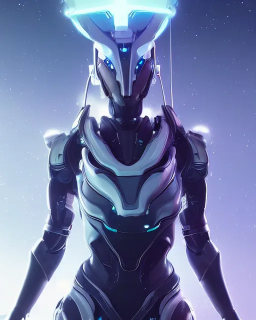 Image similar to perfect android girl on a mothership, warframe armor, beautiful face, scifi, futuristic, galaxy, nebula, raytracing, dreamy, long white hair, blue cyborg eyes, sharp focus, cinematic lighting, highly detailed, artstation, divine, by gauthier leblanc, kazuya takahashi, huifeng huang