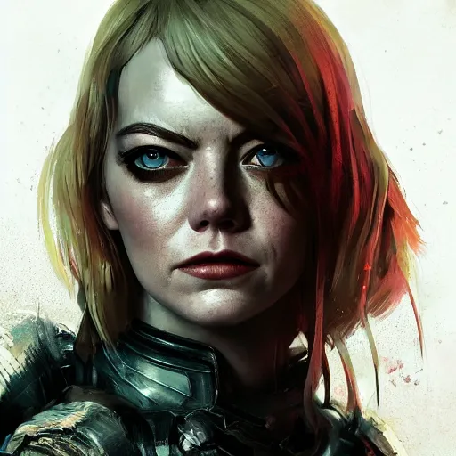 Image similar to emma stone portrait, dystopia core, apocalyptic, armor, warrior, dramatic, sharp focus, fiction, neon, fantasy, hyper detailed, digital art, trending in artstation, cinematic lighting, studio quality, smooth render, unreal engine 5 rendered, octane rendered, art style and nixeu and wlop and krenz cushart