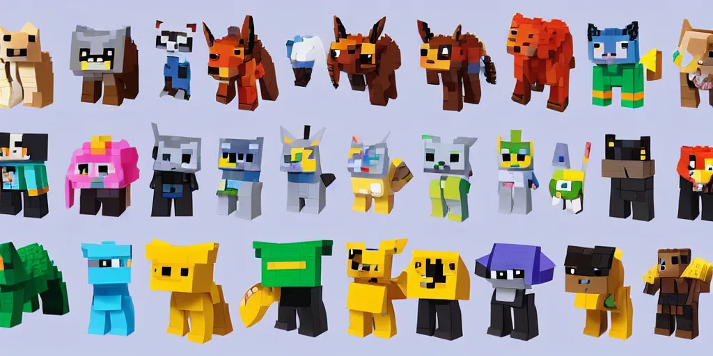 Prompt: small creatures made of a single brick, four legged, big cute eyes, quadrupedal, cute looking, kawaii, sharp focus, character sheet, game concept art, blocky, lego mixels, flat toon style like katamari damacy inspired, pokemon inspired, blocky like minecraft