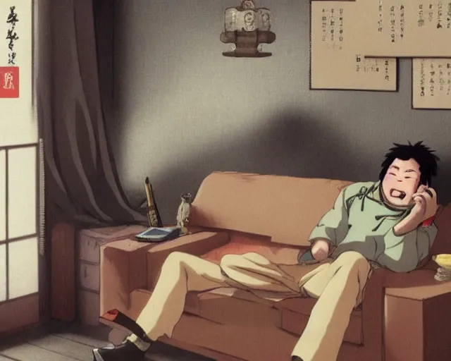 Image similar to a 50 year old brunnete happy chinese man with puffy cheeks sitting on a couch at home and talking on the phone with a worried face, anime art, Greg Rutkowski, studio ghibli, dramatic lighting