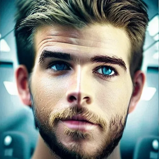 Image similar to “a realistic detailed photo of a guy who is an attractive humanoid who is half robot and half humanoid, who is a male android, Liam Hemsworth, shiny skin, posing like a statue, blank stare”