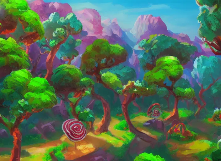 Image similar to enviroment design for a biome for candy kids game, top angle, trees candy themed, oil painting by jama jurabaev, extremely detailed, brush hard, artstation, for aaa game, high quality, brush stroke