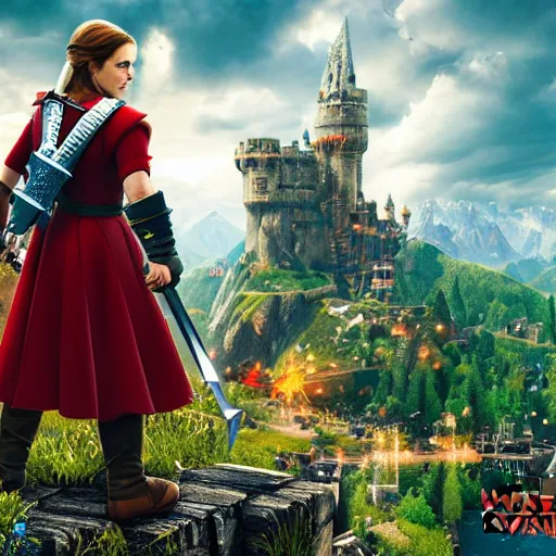 Prompt: emma watson as super mario super mario in the witcher 3, movie still, cinematic lighting, dramatic, octane render, long lens, shallow depth of field, bokeh, anamorphic lens flare, 8 k, hyper detailed, 3 5 mm film grain