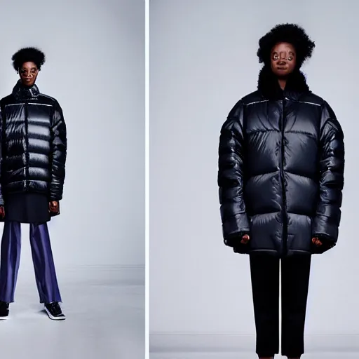 Image similar to realistic photoshooting for a new balenciaga lookbook color film photography close up portrait of a beautiful woman model, model wears a puffer jacket, photo in style of tyler mitchell, ssense