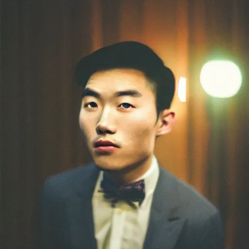 Image similar to Portrait of a young handsome asian man wearing Burberry clothes, fashion, cinematic lighting, captured in low light, sharp focus, detailed, cinestill 800t