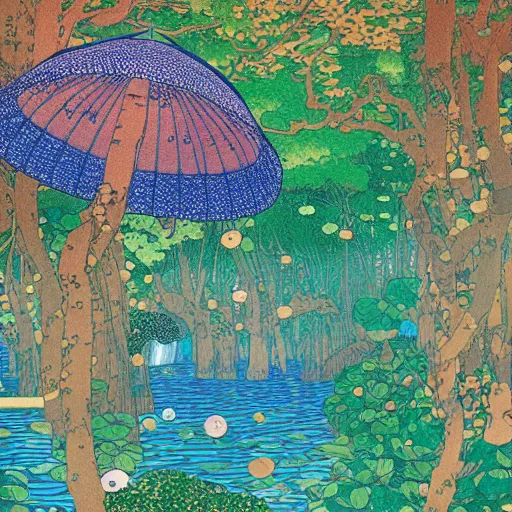 Image similar to Rain, Leaves, Fruit, Flowers, Arboreal, majestic rivers of crystalized color, 8K by Hokusai, Klimt, Dan Mumford and Tom Whelan