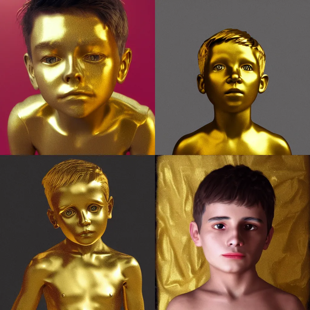 Prompt: A boy made out of gold, photorealistic, 4k, vintage